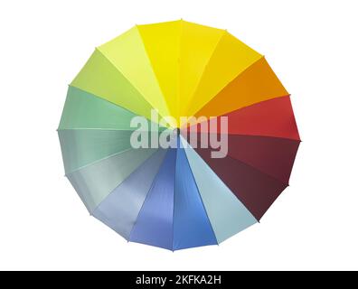 Rainbow umbrella isolated on white background. Opened umbrella with rainbow colors. Stock Photo