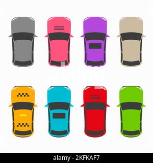 Hatchback passenger cars top view silhouette icon set. Flat illustration isolated on white background. Stock Photo