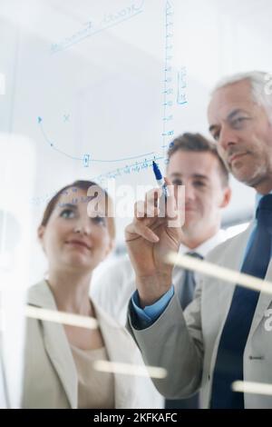 This is where were projected to be...businesspeople brainstorming on glass wall in an office. Stock Photo