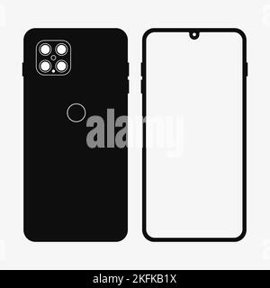 Modern smartphone with notch and quad cameras, blank white display, front and back side. Solid black silhouette cellphone icon. Flat illustration isol Stock Photo