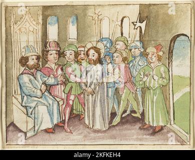 Christ before the High Priest Annas, from a Plenarium, about 1470. Stock Photo