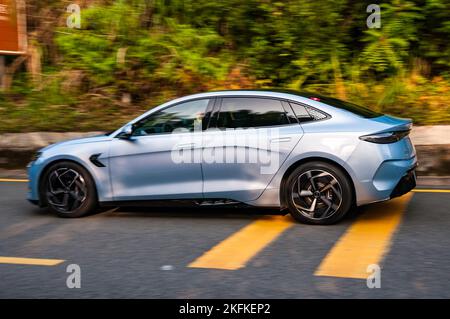 BYD Seal (Atto 4) long range electric sedan being driven on the road in Shenzhen, Guangdong Province China. Stock Photo