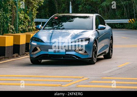 BYD Seal (Atto 4) long range electric sedan being driven on the road in Shenzhen, Guangdong Province China. Stock Photo