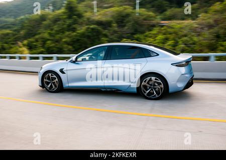 BYD Seal (Atto 4) long range electric sedan being driven on the road in Shenzhen, Guangdong Province China. Stock Photo