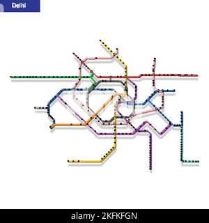 3d isometric Map of the Delhi metro subway. Template of city transportation scheme for underground road Stock Vector