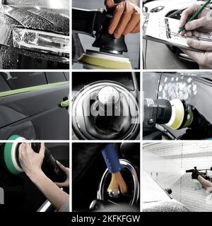 Car interior detailing washing maintaince collage Stock Photo
