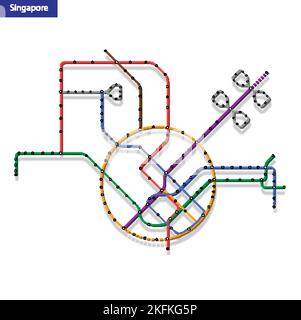 3d isometric Map of the Singapore metro subway. Template of city transportation scheme for underground road Stock Vector