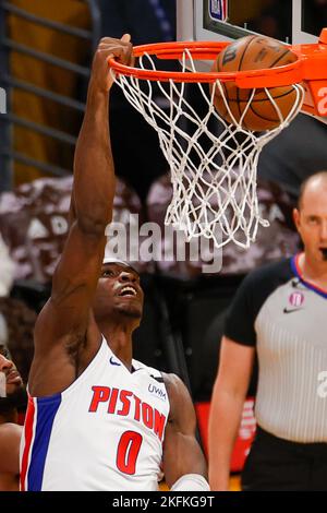 November 18, 2022, Los Angeles, California, USA: Detroit Pistons center Jalen Duren (0) dunks against the Los Angeles Lakers during an NBA basketball game, Friday, Nov. 18, 2022, in Los Angeles. (Credit Image: © Ringo Chiu/ZUMA Press Wire) Stock Photo