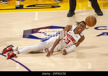 November 18, 2022, Los Angeles, California, USA: Detroit Pistons guard Jaden Ivey (23) falls after being fouled during an NBA basketball game against the Los Angeles Lakers, Friday, Nov. 18, 2022, in Los Angeles. (Credit Image: © Ringo Chiu/ZUMA Press Wire) Stock Photo