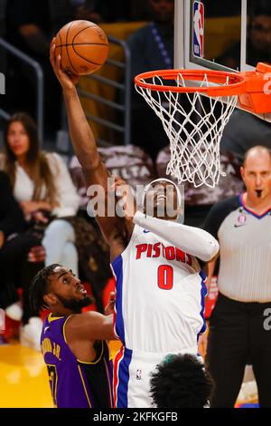 November 18, 2022, Los Angeles, California, USA: Detroit Pistons center Jalen Duren (0) goes up for a slam dunk while defended by Los Angeles Lakers guard Troy Brown Jr. (7) during an NBA basketball game, Friday, Nov. 18, 2022, in Los Angeles. (Credit Image: © Ringo Chiu/ZUMA Press Wire) Stock Photo