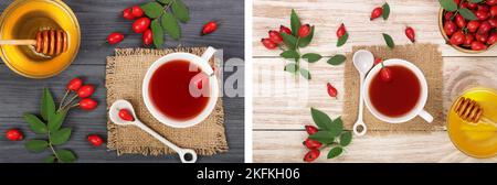tea with rose hips on black wooden background. Top view. Stock Photo