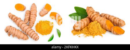 Turmeric powder and turmeric root isolated on white background. Top view. Flat lay Stock Photo