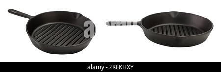 Empty cast iron grill frying pan isolated on white background with Stock Photo