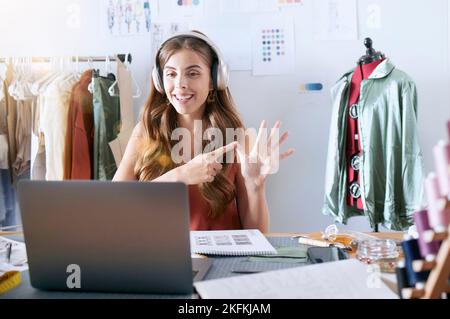 Fashion, designer and video call with woman and laptop for planning, manufacturing and luxury. Creative, retail and online meeting with girl in Stock Photo