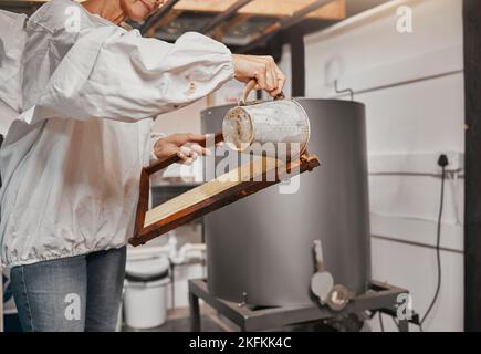Beekeeping, frame and senior woman preparing a bee frame for the production of honey at a farm. Small business, agriculture and beekeeper working on a Stock Photo