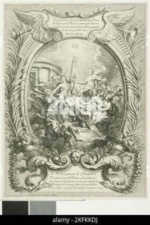 Allegory of the Glory of the Dauphin, 1680. 'Tout concourt &#xe0; la fois au bonheur de la France, Pendant que la Victoire entasse ses lauriers, Sa gloire par la paix calme ses faits guerriers, et l'himen y produit une heureuse aliance. Temporum. Felicitas. A Monseigneur le Dauphin. Je consacre grand Prince &#xe0; la posterit&#xe9; . Cet image ou j'ay peint ton himen, et ta gloire, Puisque ton nom qui v&#xf4;le &#xe0; l'immortalit&#xe9;, Doit rendre ce sujet d'eternelle memoire'. Stock Photo