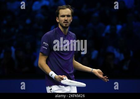 (221119) -- TURIN, Nov. 19, 2022 (Xinhua) -- Daniil Medvedev of Russia reacts during a group stage match against Novak Djokovic of Serbia of the ATP Finals in Turin, Italy, Nov. 18, 2022. (Str/Xinhua) Stock Photo