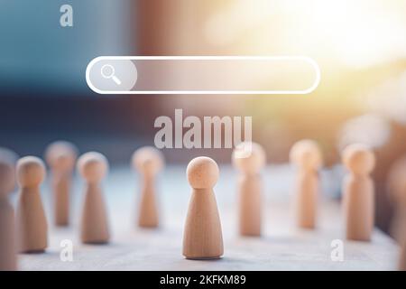 Job search engine technology. Person wooden doll for search for data information with blank search bar hologram. Searching information data on interne Stock Photo