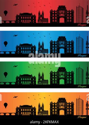 Prague city in a four different colors - illustration,  Town in colors background,  City of Prague Stock Vector