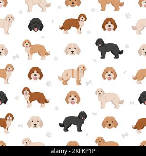 Cockapoo mix breed seamless pattern. Different poses, coat colors set ...