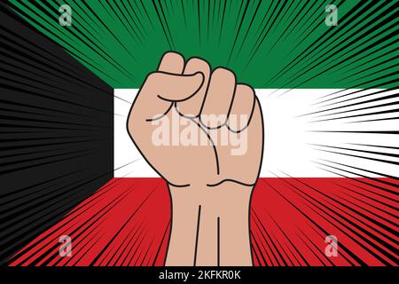 Human fist clenched symbol on flag of Kuwait background. Power and strength logo Stock Vector