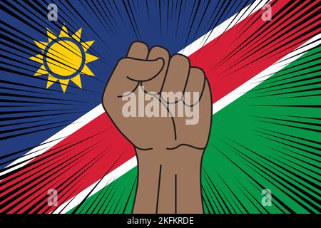 Human fist clenched symbol on flag of Namibia background. Power and strength logo Stock Vector