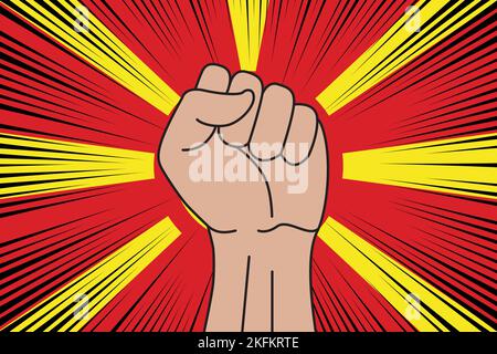 Human fist clenched symbol on flag of North Macedonia background. Power and strength logo Stock Vector