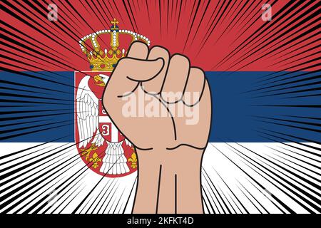 Human fist clenched symbol on flag of Serbia background. Power and strength logo Stock Vector