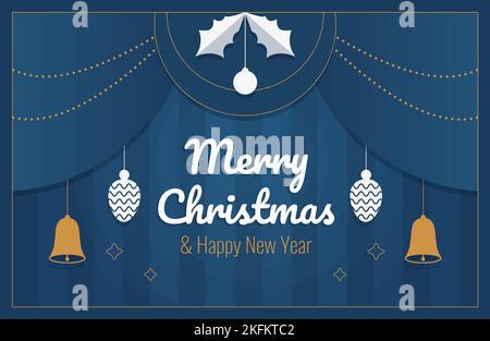 Inscription Merry Christmas and Happy New Year Christmas banner in paper style Christmas toys cones bells and stars on a blue striped background Stock Vector