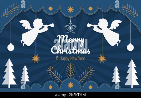 Lettering Merry Christmas and Happy New Year Christmas banner in paper style with Christmas tree decorations stars balls fir trees and angels Stock Vector