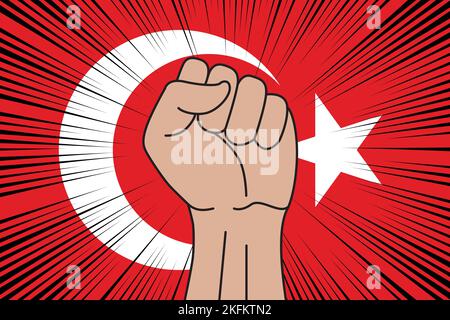 Human fist clenched symbol on flag of Turkey background. Power and strength logo Stock Vector