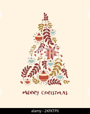 Christmas card with a Christmas tree made of leaves and Christmas decorations Stock Vector