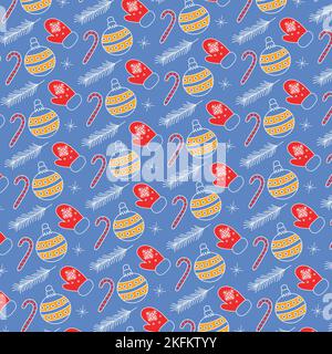 merry christmas pattern with santas mittin, christmas ball, branch and candy Stock Vector