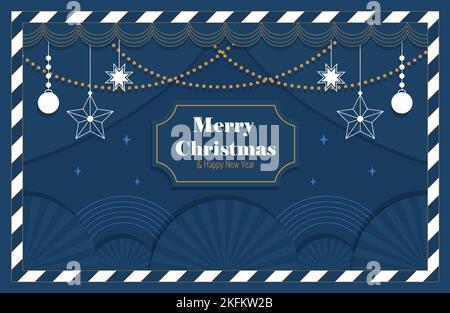 lettering merry christmas and happy new year christmas banner in paper style with garlands and christmas decorations Stock Vector