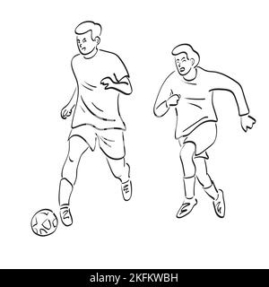 line art two soccer players with ball illustration vector hand drawn isolated on white background Stock Vector