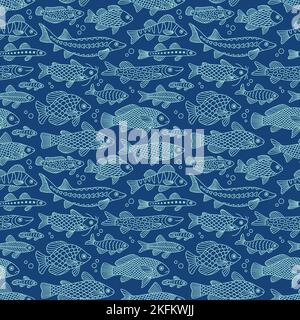 Doodle seamless pattern with fish of different shapes with various hand-drawn patterns, isolated. Stock Vector