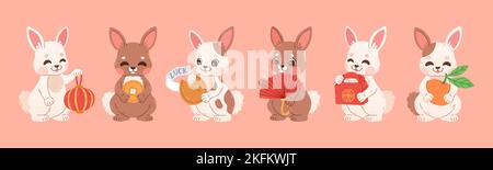 Happy Chinese new year 2023 set with cute rabbits. 2023 CNY card. Collection of Chinese rabbits. Vector Stock Vector