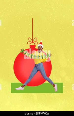 Vertical creative collage photo of crazy funny good mood girl preparing for holiday decorate house isolated on yellow color background Stock Photo