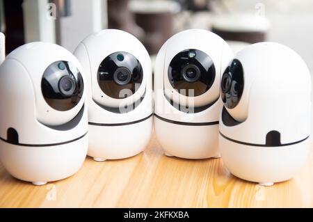 White IP cameras, very popular for security purposes. Stock Photo