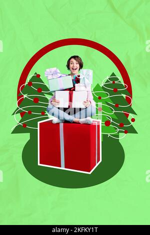 Vertical creative collage photo of positive impressed excited happy girl sit on gift hold presents isolated on green color background Stock Photo