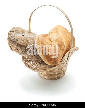 bread in wicker basket isolated on white Stock Photo