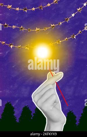 Creative photo 3d collage artwork postcard poster greeting invitation card of human arm hold cane sparkler isolated on painting background Stock Photo