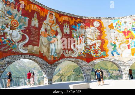 Gudauri, Georgia - August 28, 2022: Monument to the Soviet-Russian Georgian friendship on the Georgian Military Highway. Stock Photo