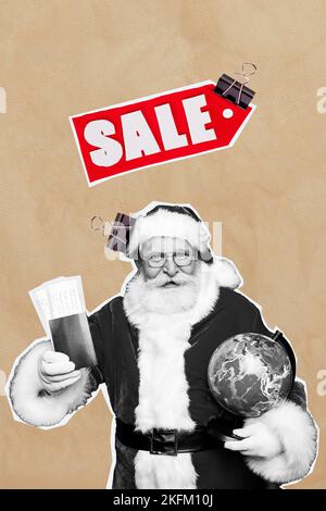 Exclusive magazine picture sketch collage image of smiling santa buying xmas world tour isolated painting background Stock Photo