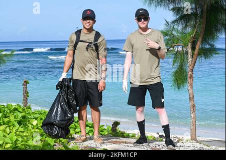 Airmen with the Airman Leadership School pose for a photo at Tanguisson Beach, Dededo on Sept. 24, 2022. ALS at Andersen AFB has incorporated a new squadron mentorship program allowing squadrons to guide the future Staff Sergeants throughout their five week course. The squadron mentors accompanied the students during their community service project to participate and build comradery. Stock Photo