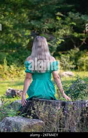 a girl in a green dress is sitting on a stump Stock Photo