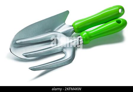 garden fork and hand spade isolated on white Stock Photo