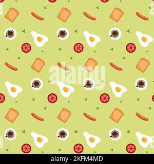 Seamless pattern with eggs and fried sausages, tomato, toast, and a cup of coffee. Breakfast wallpaper on green background. Paper cut out vector Stock Vector