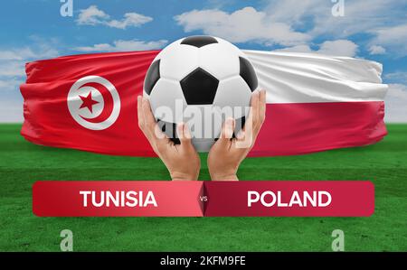 Tunisia vs Poland national teams soccer football match competition concept. Stock Photo