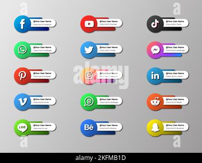 Set of gradient style social icons with username, realistic social button vector, set of most popular social media icons. Stock Vector